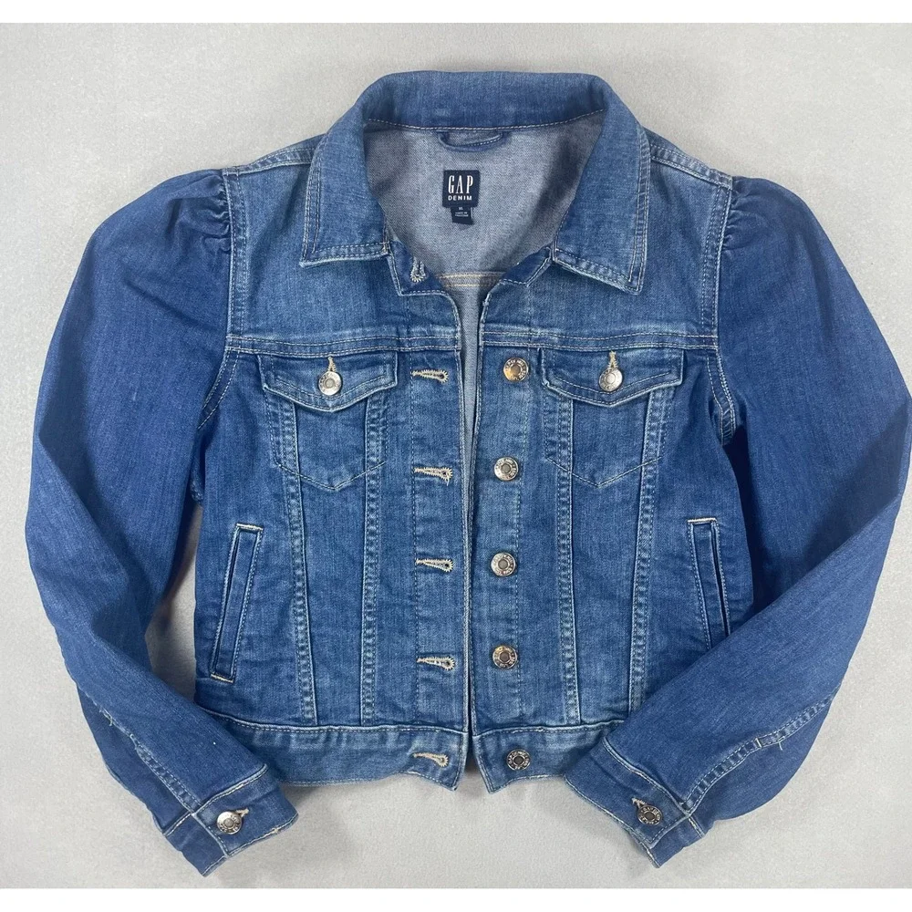 Gap Denim Jeans Jacket Girls XL 12 Medium Wash Puff Shoulder